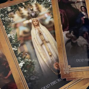 Illustrated rosary prayer cards with English and Irish prayers
